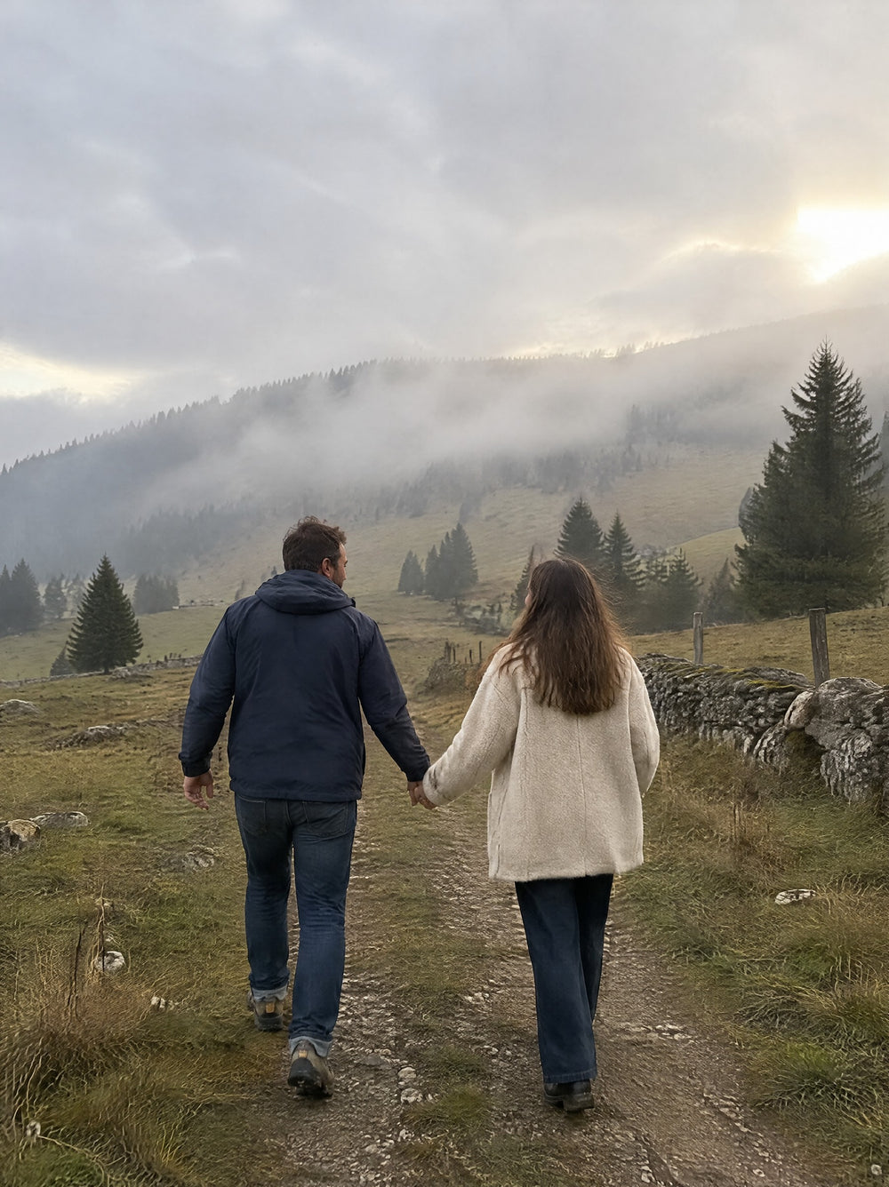 Das Gründerpaar von Venelya spaziert Hand in Hand durch die Natur