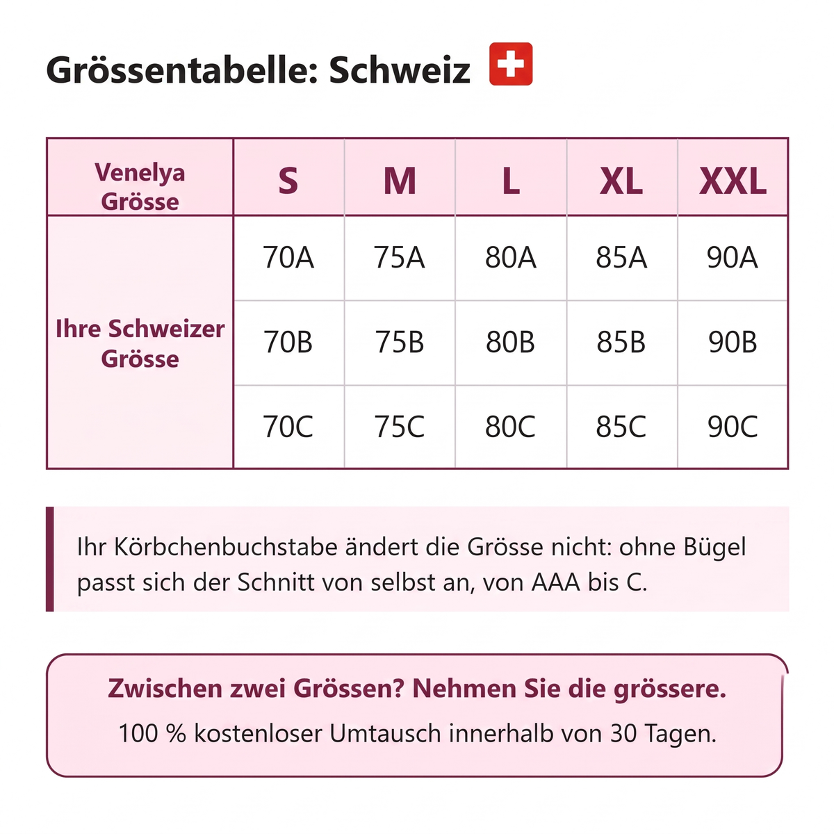 Guide des tailles suisse - Soutien-Gorge Confort Venelya [DE]
