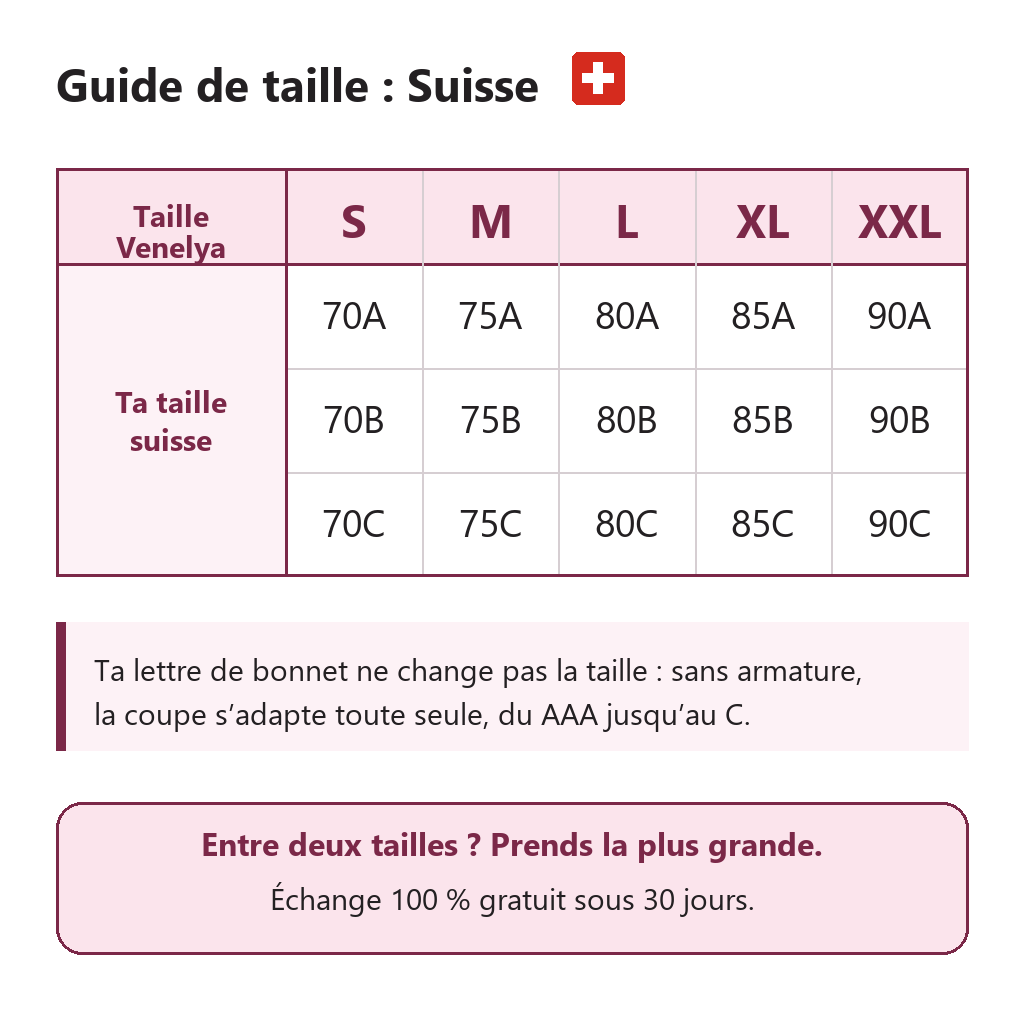 Guide des tailles suisse - Soutien-Gorge Confort Venelya
